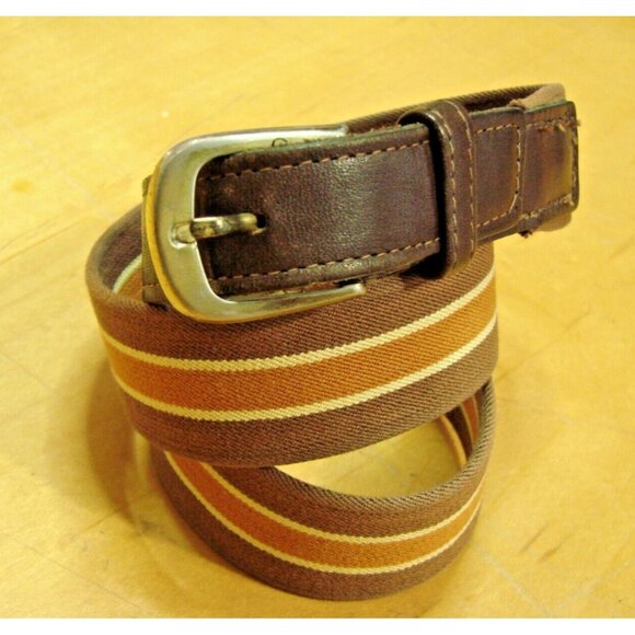 Mens Woven Nylon Fabric Leather Belt Sz 40 Tan Brown Style 9151 Dress Work Golf - Picture 1 of 8